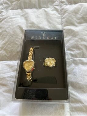 NWT Windsor Gold Heart-Shaped Watch and Heart Ring Set with Crystal Accents